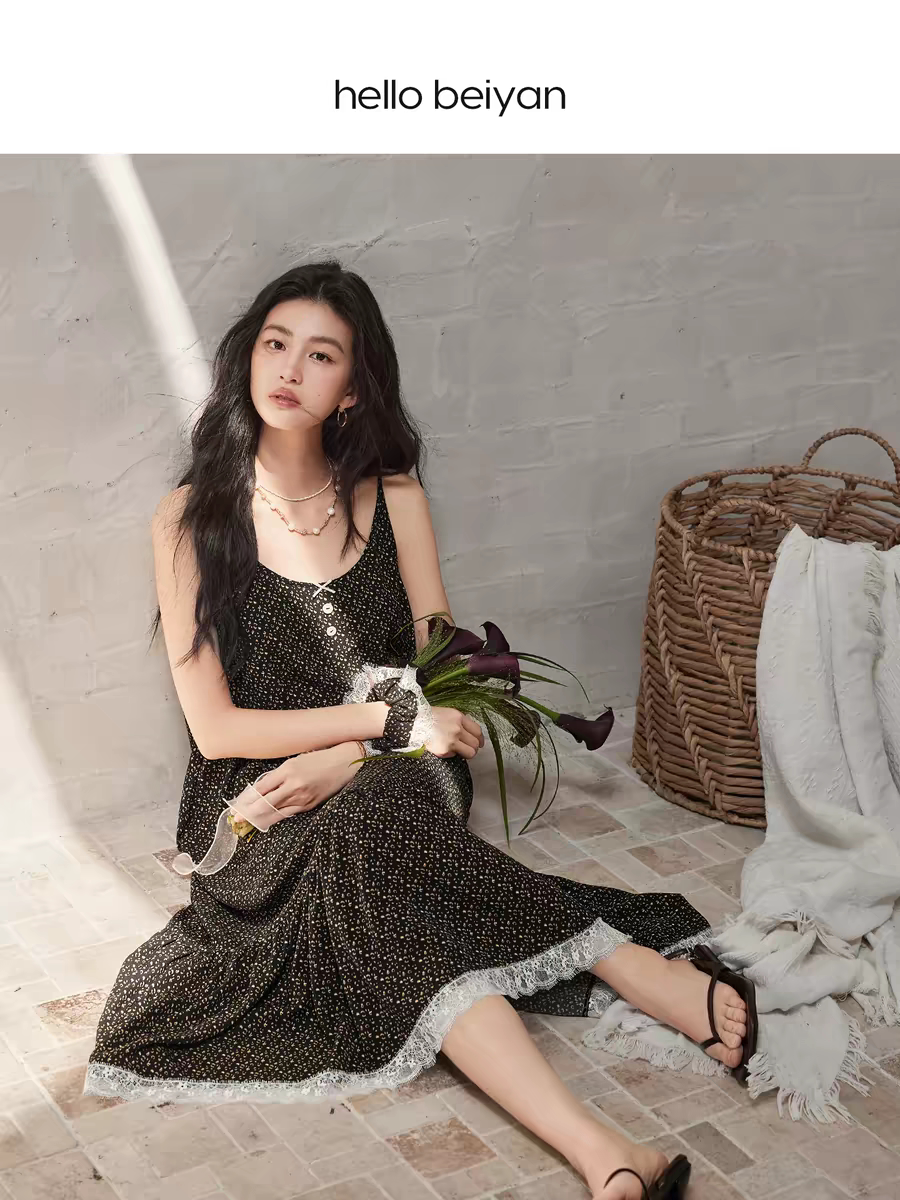 贝妍凉感睡衣女夏薄款性感吊带睡裙气质显瘦少女可外穿黑色连衣裙