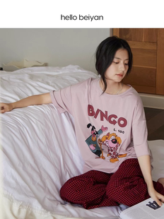 贝妍睡衣女夏季薄款凉感短袖长裤套装可爱卡通少女慵懒宽松家居服