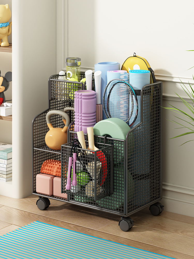 瑜伽垫收纳筐家用健身运动器材收纳架带轮篮球羽毛球夹缝置物架子