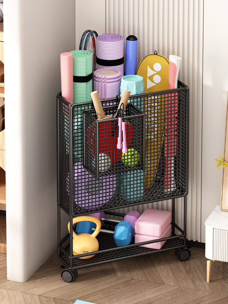 瑜伽垫收纳筐运动健身器材收纳架客厅夹缝篮球置物架可移动整理架