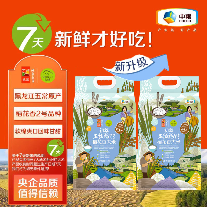 中粮初萃东北五常直发五优稻4号新米稻花香2号大米饭粥小包7天鲜