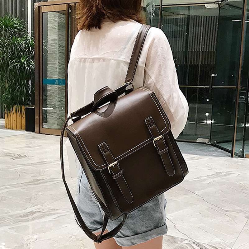 时尚潮流pu皮双背包休闲复古双肩包定型学生书包女士背包