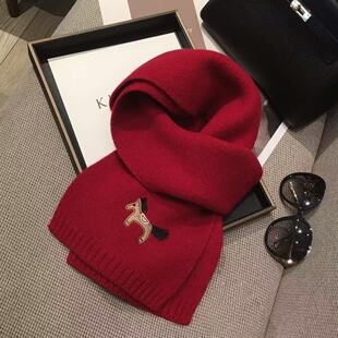 小马刺绣含羊毛针织红色围巾女韩系冬季百搭加厚保暖学生情侣围脖