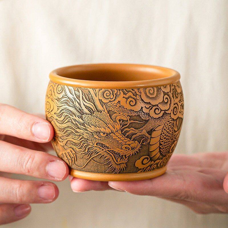 手工紫砂茶杯原矿黄金段泥龙行天下主人杯家用办公高端防烫品茗杯