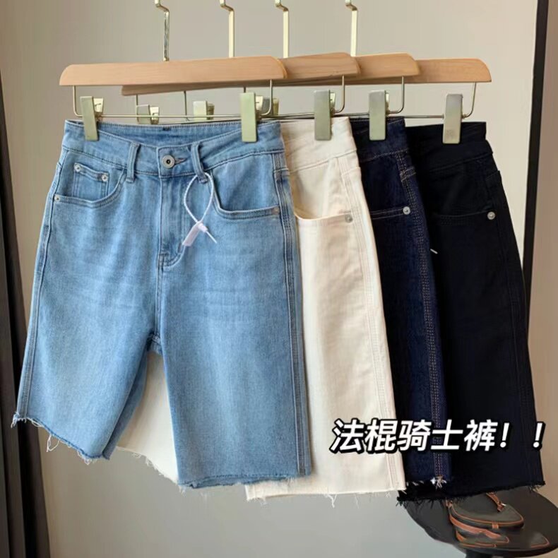 夏季高腰时尚毛边法棍骑士裤女士修身显瘦百搭牛仔裤五分中裤短裤