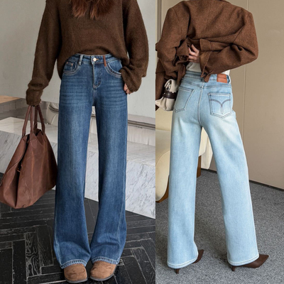 时髦特调牛仔加绒直筒牛仔裤女