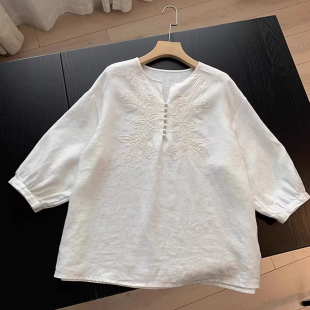 休闲衬衣 女夏季 松弛感简约随性宽松圆领刺绣高支亚麻七分袖 衬衫