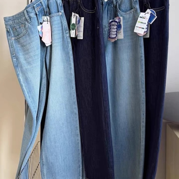 直面弹直筒阔腿牛仔裤女两个长度