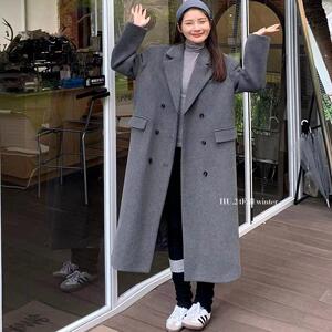 HU韩国2024冬季新款法式气质双排扣时髦百搭长款羊呢大衣外套女