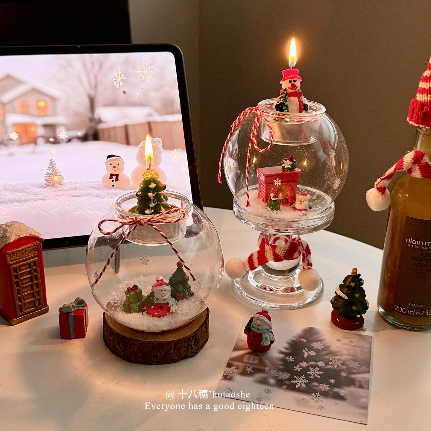 圣诞雪花微景小摆件雪人玻璃烛台创意冬季氛围烛台摆件桌面装饰品