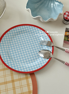 ins风韩系蓝色格子盘子圆形撞色水果密胺盘子甜品沙拉盘子摆件