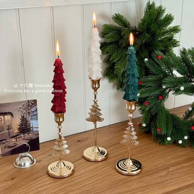 复古圣诞树立体蜡烛金色高脚烛台轻奢餐桌摆件装饰品节庆氛围布置