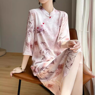 新中式国风五分袖连衣裙女天丝棉印花新改良旗袍立领半袖直筒裙夏