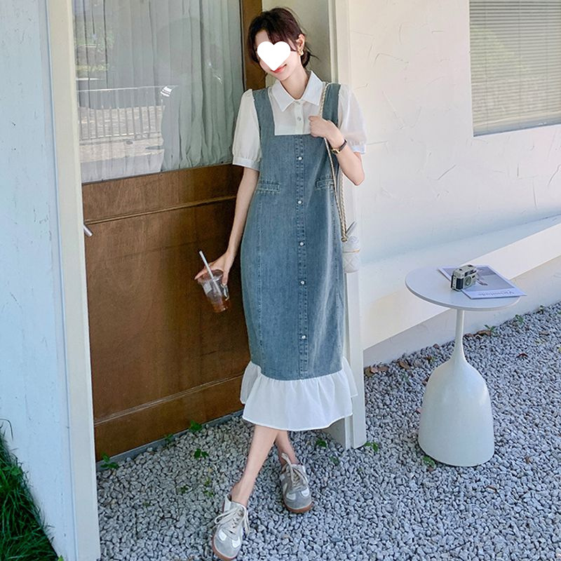 韩版宽松假两件牛仔连衣裙夏女2025新款拼接牛仔连衣裙减龄长裙子