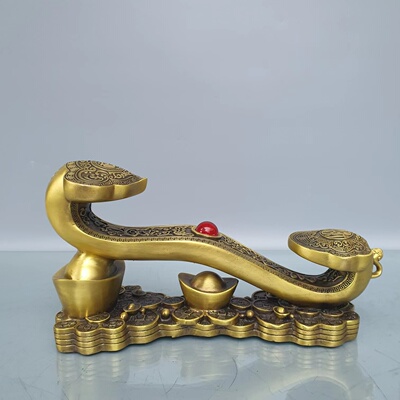 纯铜招财如意灵芝摆件黄铜如意人身客厅书房装饰工艺品人生如意u.