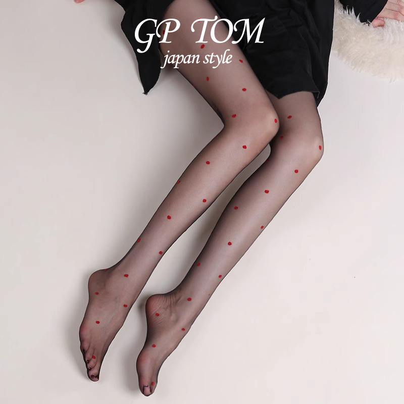 日本GP TOM黑丝波点丝袜红色超薄连裤袜高透幂式穿搭圆点性感透明