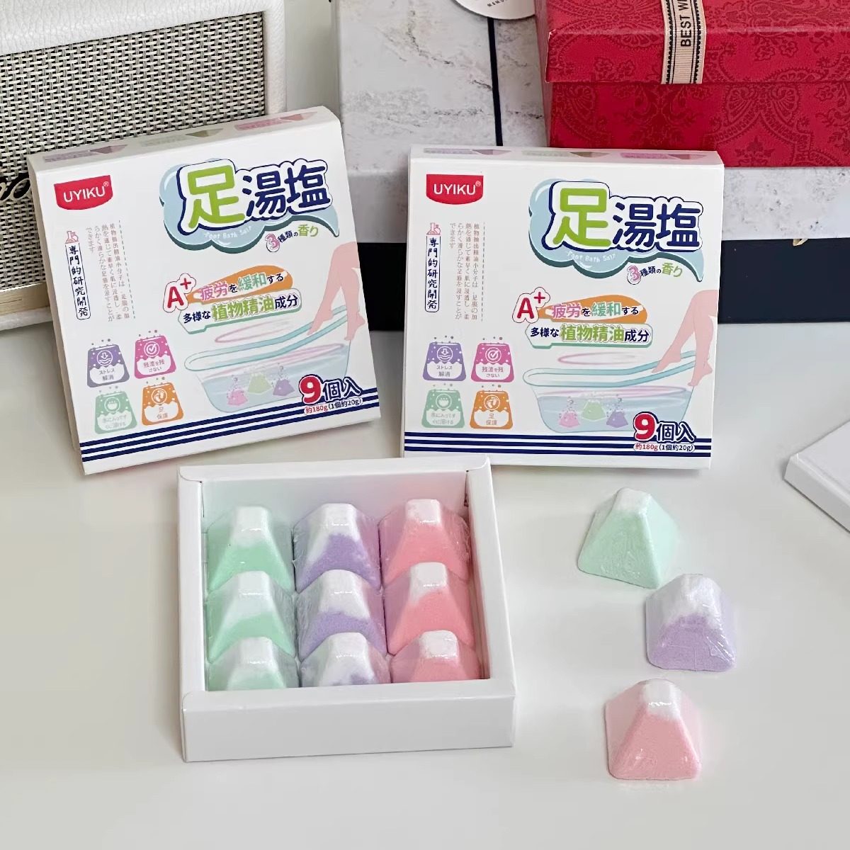 出口订单！无渣免煮足浴盐9个装泡脚盐植物精油成分除菌清洁足浴