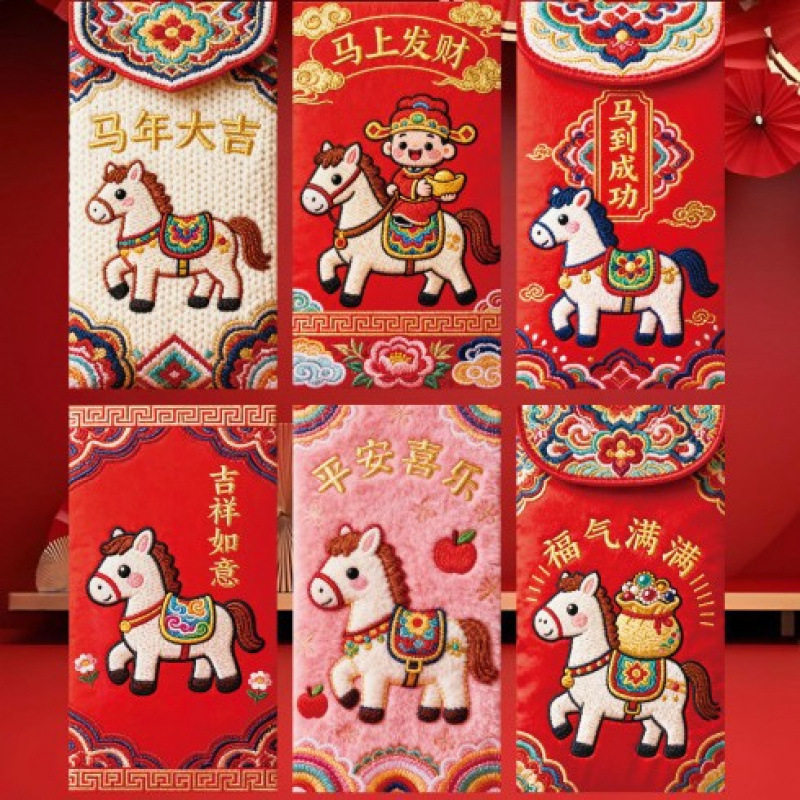 2026立体5D仿刺绣风格马年创意红包中式利是封卡通新年压岁春节