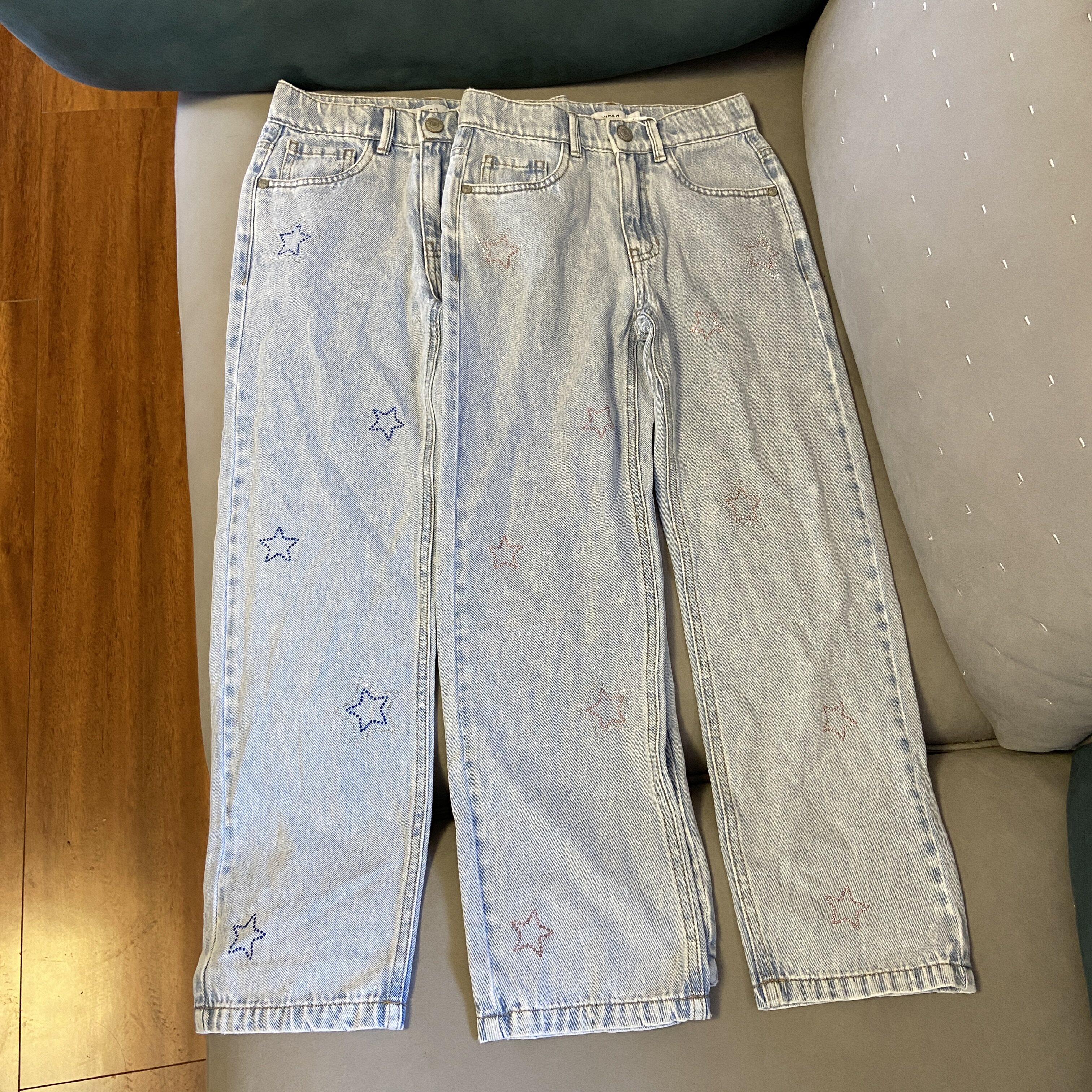 外贸北欧女童五星烫钻阔腿牛仔裤春秋女孩洋气百搭宽松直筒裤子