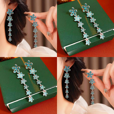 蓝色花朵流苏耳环女法式高级感