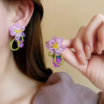 精致串珠花朵耳钉女撞色甜美耳饰