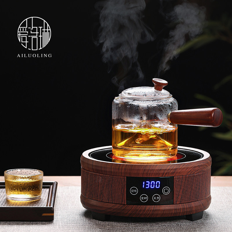 爱洛琳 耐热玻璃实木侧把煮茶壶电陶炉礼盒装 小型养生蒸汽煮茶器