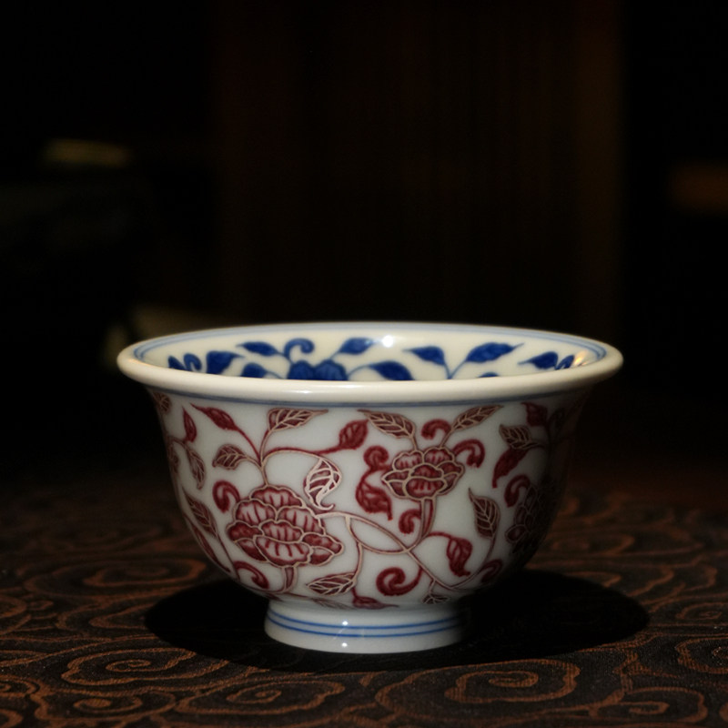 景德镇曹毅制彷古纯手绘青花陶瓷主人杯 茶杯缠枝莲压手杯内外绘