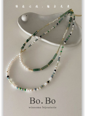 双层叠戴绿色天然石竹节项链女