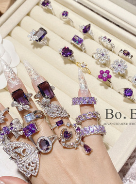 蝴蝶花朵镂空方块戒指水晶夸张