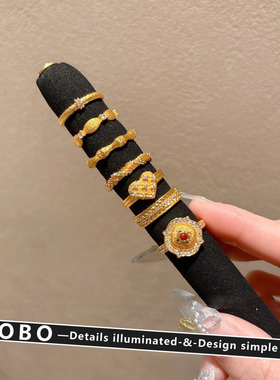 沙金不掉色爱心水晶戒指女小众设计感高级感可调节食指戒复古指环