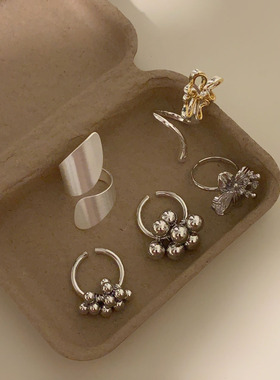 银色拉丝宽版扭曲戒指银色锆石花朵食指戒金属小银色球球戒指指环