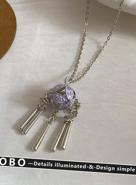 新中式国风高级感铃铛锁骨链女珐琅镂空紫色绣球花流苏项链颈链