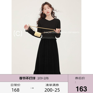 CHACHASTU 法式复古赫本风丝绒连衣裙女秋冬拼接设计感黑色裙子