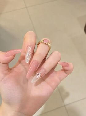 江板丽奈手工穿戴甲樱花蜜桃粉闪钻高级感纯欲风辣妹显白猫眼美甲