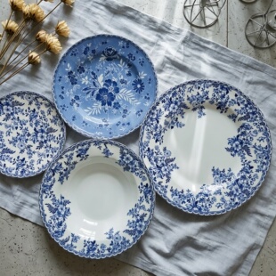 外贸出口釉中彩中古风青花陶瓷盘家用菜盘深盘汤盘可微波欧式餐具