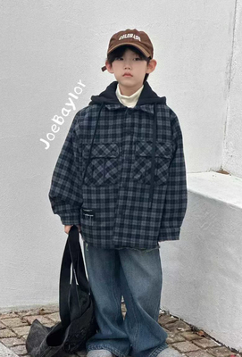 乔贝乐2025冬新款男女童韩版儿童加棉洋气格子连帽加厚外套80836