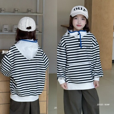 己又合2025秋季新款童装韩版男女童连帽卫衣条纹儿童套头衫22152