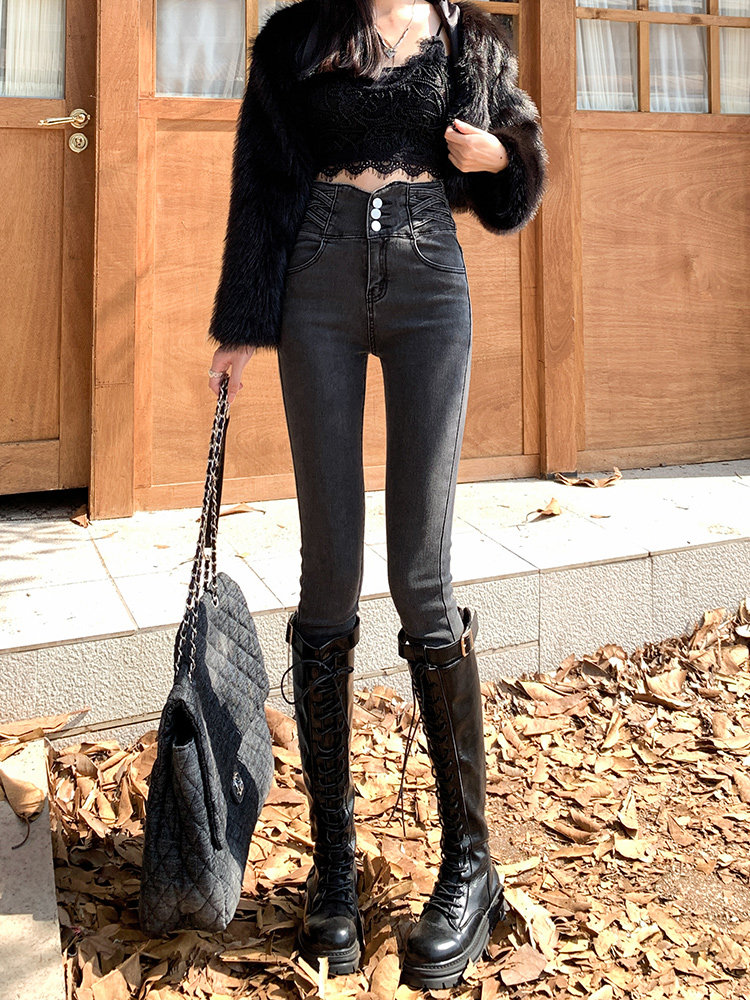 ULTRA HIGH WAIST JEANS WOMENS TROUSERS SPRING 2024 NEW SLIM SLIM PENCIL SMOKE GREY SKINNY PANTS