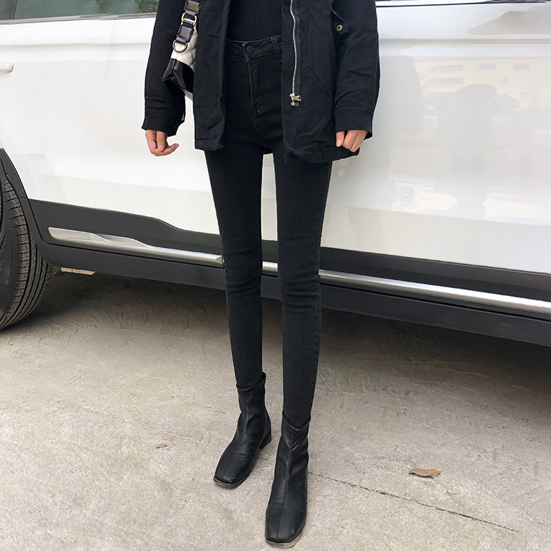 BLACK AND GRAY FLEECE JEANS WOMENS HIGH-WAISTED AUTUMN AND WINTER WEAR BRUSHED WOOL THIN FLEECE THIN VELVET CROPPED TIGHT TROUSERS
