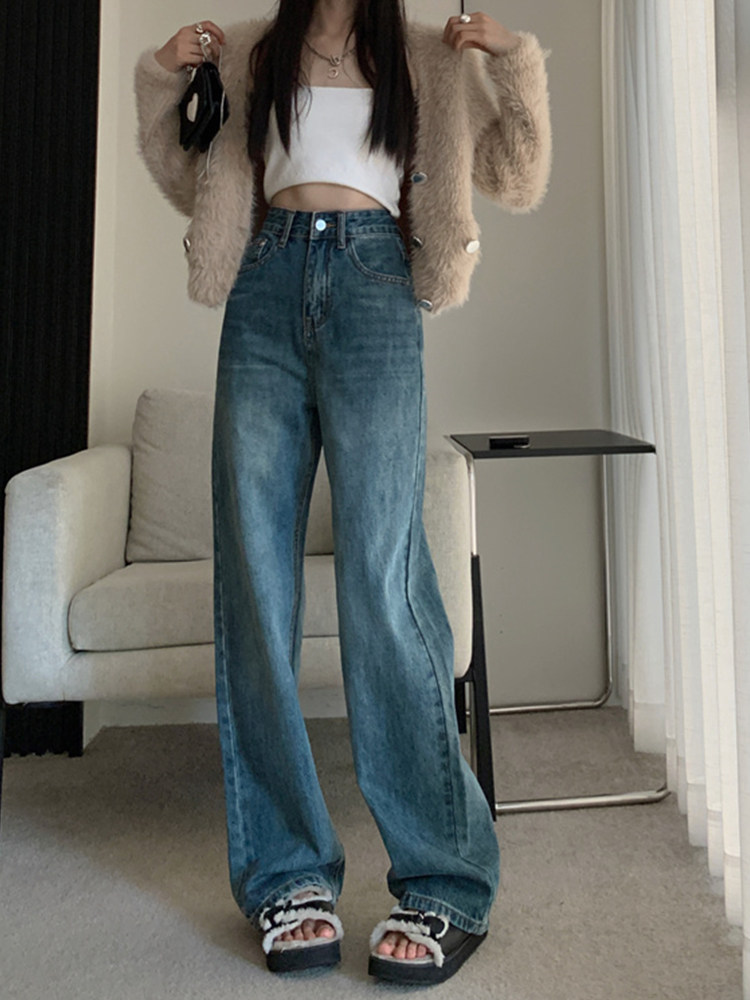 VINTAGE BLUE WIDE-LEG JEANS WOMENS SPRING 2023 NEW HIGH-WAISTED PEAR-SHAPED BODY COVERING THE HIPS STRAIGHT LEG LOOSE MOPPING FLOOR