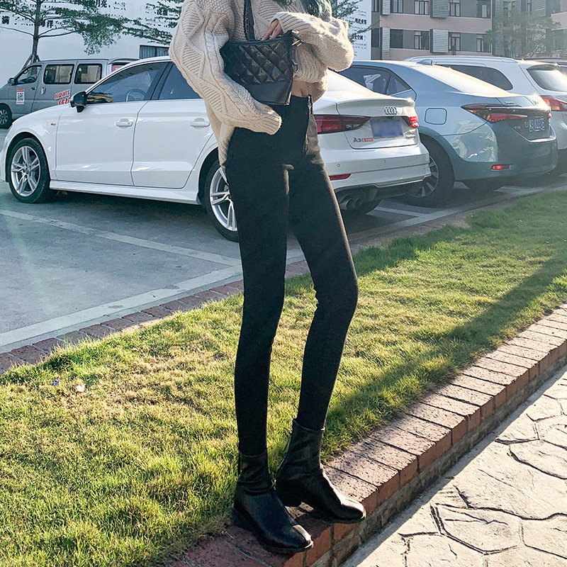 FLEECE AND PADDED BLACK HIGH-WAISTED SKINNY JEANS WOMENS SLIM PANTS WEAR NEW SMALL FEET IN AUTUMN AND WINTER 2021