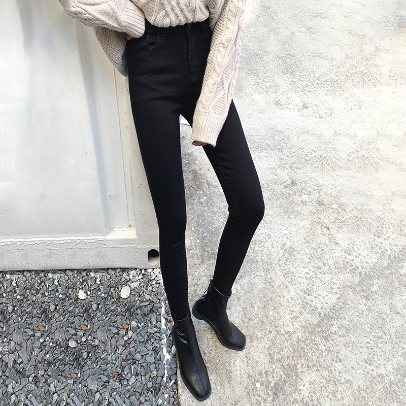 FLEECE AND PADDED BLACK HIGH-WAISTED SKINNY JEANS WOMENS SLIM PANTS WEAR NEW SMALL FEET IN AUTUMN AND WINTER 2021