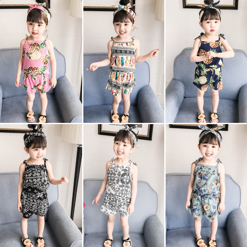 女寶寶套裝夏裝洋氣女童夏季嬰兒棉綢衣服童人造棉寶寶吊帶兩件套