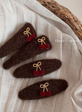 秋冬樱桃蝴蝶结发夹高级感精致毛毡bb夹气质刘海侧边夹子发卡头饰