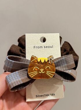 韩国可爱醋酸玳瑁猫咪格纹蝴蝶结小肠发圈时尚百搭马尾丸子头绳子