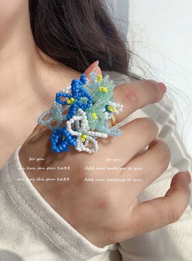 蓝色月光手工串珠花朵撞色项链
