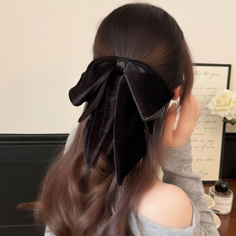 小香风复古丝绒蝴蝶结马尾夹高级