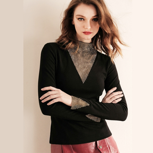 2025秋冬新黑色长袖烫钻半高领双面德绒打底衫女修身气质保暖上衣