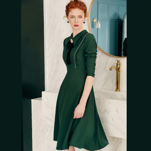2026春季新款墨绿色修身收腰显瘦气质女装领结大裙摆长袖连衣裙
