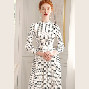 丝绒长袖连衣裙高端气质名媛小香风白色波点礼服裙子秋装2025新女